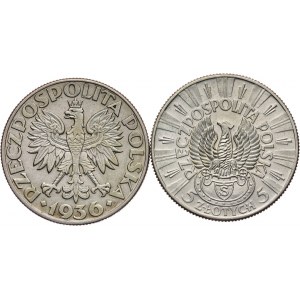 Polska, II Rzeczpospolita, 5 złotych: 1934 Orzeł Legionowy oraz 1936 Żaglowiec, Warszawa.