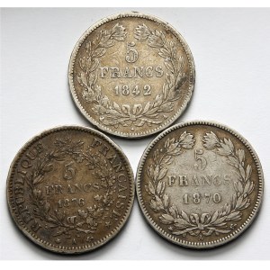 Francja, zestaw 3x5 franków XIX w.