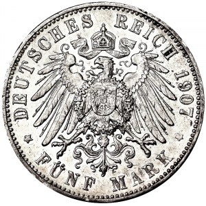 Germany, Württemberg, Wilhelm II, 5 Mark 1907, F Freudenstadt