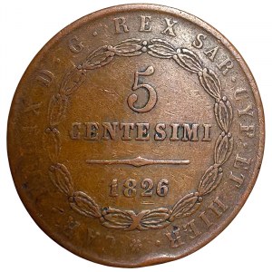 Kingdom of Sardinia, Carlo Felice, 5 Centesimi 1826, Bologna