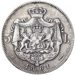 Romania, Carol I as Prince as King, 5 Lei 1881, Bucharest