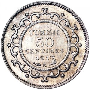 Tunisia, Muhammad V An-Nasir, 50 Centimes 1917, A Paris