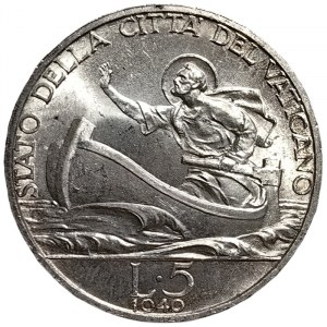 Vatican City, Pio XII, 5 Lire 1940, Rome