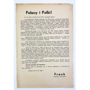 Odezwa - Polacy i Polki! Los bohaterskiej ludności Warszawy jest wam znany... - Kraków 1944 - Frank Generalny Gubernator