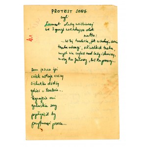 OLGIERD ŁUKASZEWICZ - PROTEST SONG - ODRĘCZNY TEKST Z DEDYKACJĄ 1971 r.