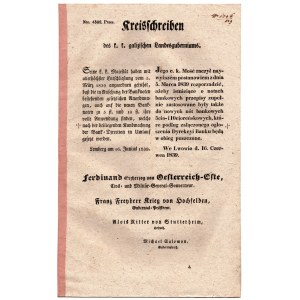 Announcement of the Lviv Bank Directorate on June 16, 1839 about the introduction of new FORMULARE banknotes