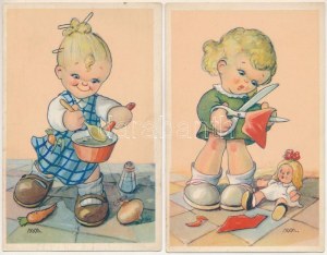 2 db régi gyerek motívum képeslap M. M. szignóval / 2 pre-1945 children motive postcards signed by M. M...