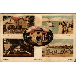1942 Balatonlelle, Magyar Tenger penzió, Hullámpenzió, hajóállomás, szökőkút, strand (ragasztónyom / glue marks...