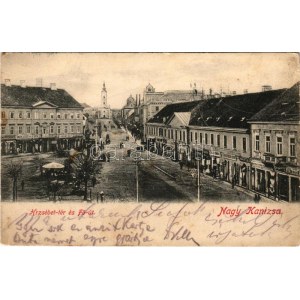 1905 Nagykanizsa, Erzsébet tér és Fő út, piac, Singer József és társa és Rosenberg Manó üzlete (EK...