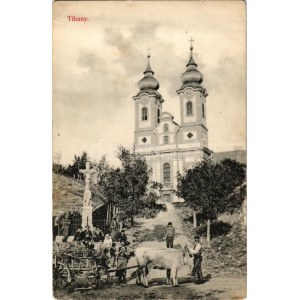 Tihany, apátsági templom, ökrös szekér. Grüner Simon kiadása (ragasztónyom / glue marks)