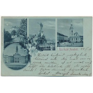 1899 (Vorläufer) Arad, Baross park, Vértanúk szobra, Római katolikus templom, Városháza. Révész Nándor kiadása / park...