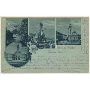 1900 Arad, Baross park, Vértanúk szobra, Római katolikus templom, Városháza. Révész Nándor kiadása / park, monument...