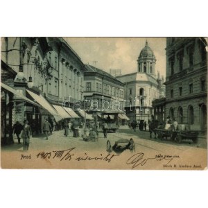 1905 Arad, Atzél Péter utca, üzletek, sörcsarnok, szálloda. Bloch H. kiadása / street view, shops, beer hall, hotel (EB...