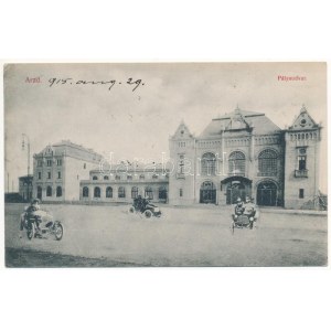 1915 Arad, pályaudvar, vasútállomás. Montázs autókkal / railway station. Montage with automobiles (EK...