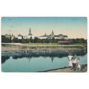 1916 Arad, Marospart, templomok. Montázs gyerekekkel / Mures riverside, churches. Montage with children (EK...