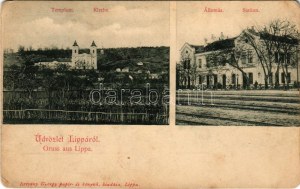 Lippa, Lipova; vasútállomás, templom. Krivány György kiadása / Kirche, Station / railway station, church (EM...