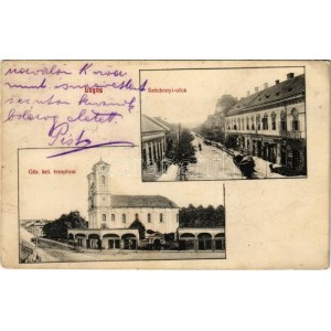 1911 Lugos, Lugoj; Széchenyi utca, piac, Görögkeleti ortodox templom. Sziklai Lajos kiadása / street view, market...