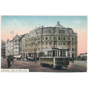1913 Temesvár, Timisoara; Lloyd palota és tőzsde, villamos Turul Cipő reklámmal. Moravetz Testvérek kiadása / palace...