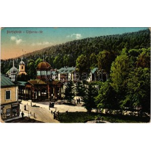 1917 Bártfafürdő, Bardejovské Kúpele, Bardiov, Bardejov; Főforrás tér, Eschwig üzlete. Eschwig és Hajts kiadása...