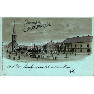 1901 Érsekújvár, Nové Zámky; Kossuth Lajos tér, templom, tér. Conlegner J. és Fia kiadása / church, square. Art Nouveau...