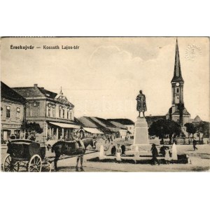 Érsekújvár, Nové Zámky; Kossuth Lajos tér, Nemzeti szálloda, templom, üzletek. Vasúti levelezőlapárusítás 5724. ...