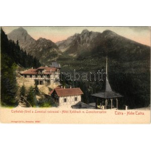 Tátra, Magas-Tátra, Vysoké Tatry; Tarpatak füred a Lomnici csúccsal / Hotel Kohlbach m. Lomnitzerspitze. Stengel &amp...