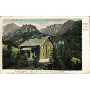 Tátra, Magas-Tátra, Vysoké Tatry; Nagy-Tarpataki-völgy, Középorom és Lomnici-csúcs, menedékház. F. Pietschmann No. 512...