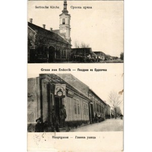 1914 Erdővég, Erdewik, Erdevik; Serbische Kirche, Hauptgasse / Szerb ortodox templom, Fő utca, üzlet ...