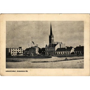 1942 Muraszombat, Murska Sobota; Szabadság tér, templom, országzászló. Bencsecz Ferenc kiadása / square, church...