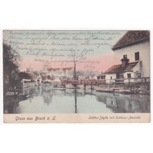 Lajtabruck, Bruck an der Leitha; Leitha-Idylle mit Schloss-Ansicht / Lejta partja, Harrach (Prugg) kastély / riverside...