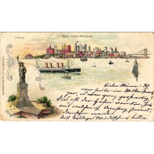 1900 New York, Harbor, Statue of Liberty, steamships. Copyright 1897 by C.F.TH. Kreh. litho (EK)