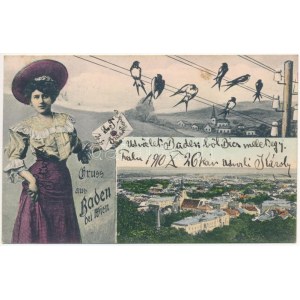 1910 Baden bei Wien. Montage mit Dame und Schwalben (fl)