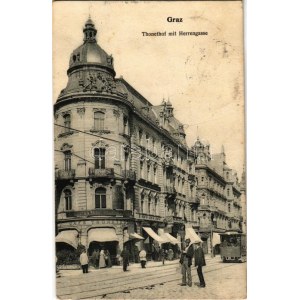 1906 Graz, Cafe Thonethof mit Herrengasse, Zahnarzt / Cafe, Straße, Straßenbahn, Zahnarzt, Geschäfte (Rb)