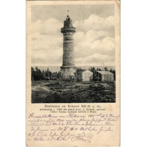 Ledce u Plzne, Rozhledna na Krkavci 505 m., postavena r. 1900 dle plánu prof. J. Kubese...