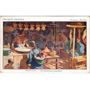 Hong Kong, Hongkong; Le restaurant populaire, Croquis d'Escale. Messageries Maritimes s...