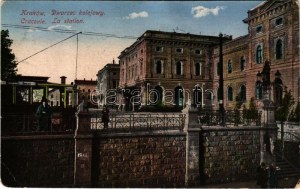 1921 Kraków, Krakkau, Krakkó; Dworzec kolejowy / Bahnhof / railway station, tram (EB)