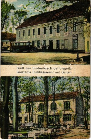 1931 Lipce, Lindenbusch (Liegnitz, Legnica); Geistert's Etablissement mit Garten, Dapolin Benzin / restaurant garden...