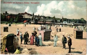 1913 Heringsdorf, Strandleben mit Kurhaus u. Brücke / beach life (EK)