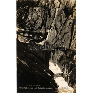 Gotthardpass, Schöllenenbahn, Teufelsbrücke / old railway bridge, train