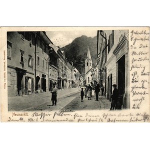 1902 Trzic, Neumarktl; street view, church, shops. Verlag v. Frdch. Raitharek (fa)