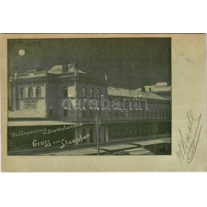 1900 Ivano-Frankivsk, Stanislawów, Stanislau; Dworzec kolejowy / Bahnhof / railway station at night (EK...