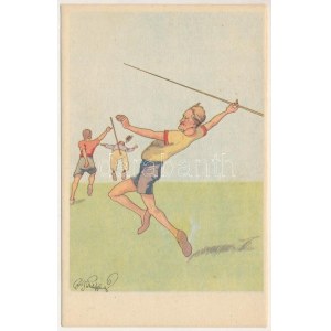 Gerelyhajítás / Javelin throw, sport humour. B.K.W.I. 404-6. s: Fritz Schönpflug