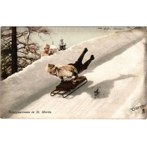 1907 Tobogganrennen in St. Moritz. / winter sport in Sankt Moritz, ice skeleton racing toboggan track, sliding, sled...