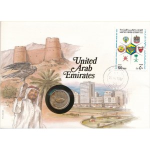 Egyesült Arab Emirátusok 1973. 5f bronz felbélyegzett borítékban, bélyegzéssel, német nyelvű leírással T...