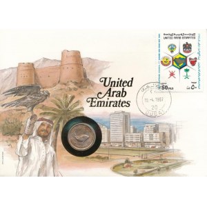 Egyesült Arab Emirátusok 1974. 5f bronz felbélyegzett borítékban, bélyegzéssel, német nyelvű leírással T...