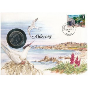 Guernsey / Alderney 1988. 10p Cu-Ni felbélyegzett borítékban, bélyegzéssel, német nyelvű leírással T:UNC Guernsey ...