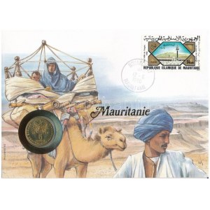 Mauritánia 1990. 5O érmés borítékban, bélyeggel és bélyegzéssel, német nyelvű tájékoztató lappal T:UNC Mauritania 1990...