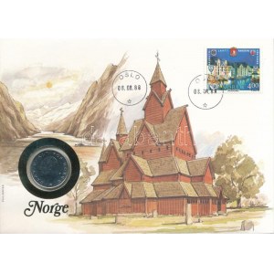 Norvégia 1988. 1K Cu-Ni felbélyegzett borítékban, bélyegzéssel, német nyelvű leírással T:UNC patina Norway 1988...