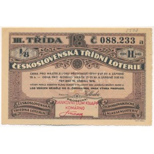 Csehszlovákia 1928. 18. Csehszlovák Osztálysorsjáték harmadik osztály 1/8-ad sorsjegye, BANKOVNI DUM KNAPP KOMÁRNO...