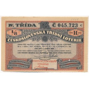 Csehszlovákia 1928. 18. Csehszlovák Osztálysorsjáték negyedik osztály 1/8-ad sorsjegye, BANKOVNI DUM KNAPP KOMÁRNO...